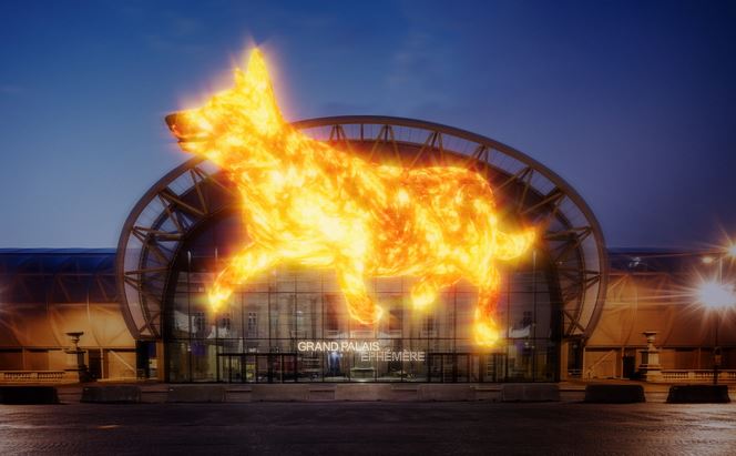 The Grand Palais รphรฉmรจre is transformed into a resolutely Californian-inspired dog park, inside which visitors will tame strange canine creatures, and let themselves be tamed by these virtual dogs, symbols of a playful and pure social bond.